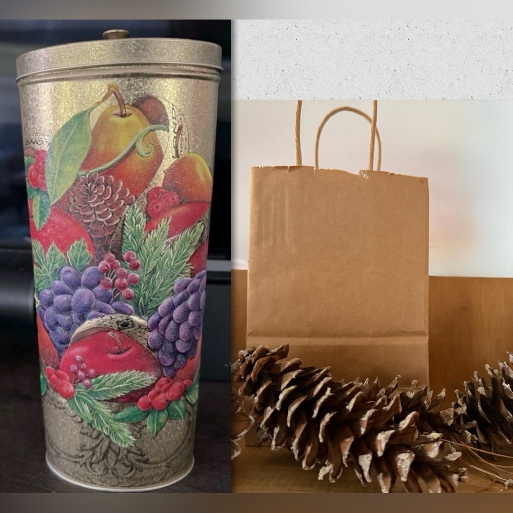 Festive Fruit & Pinecone Vintage Tin Canister & 5 real Pinecones